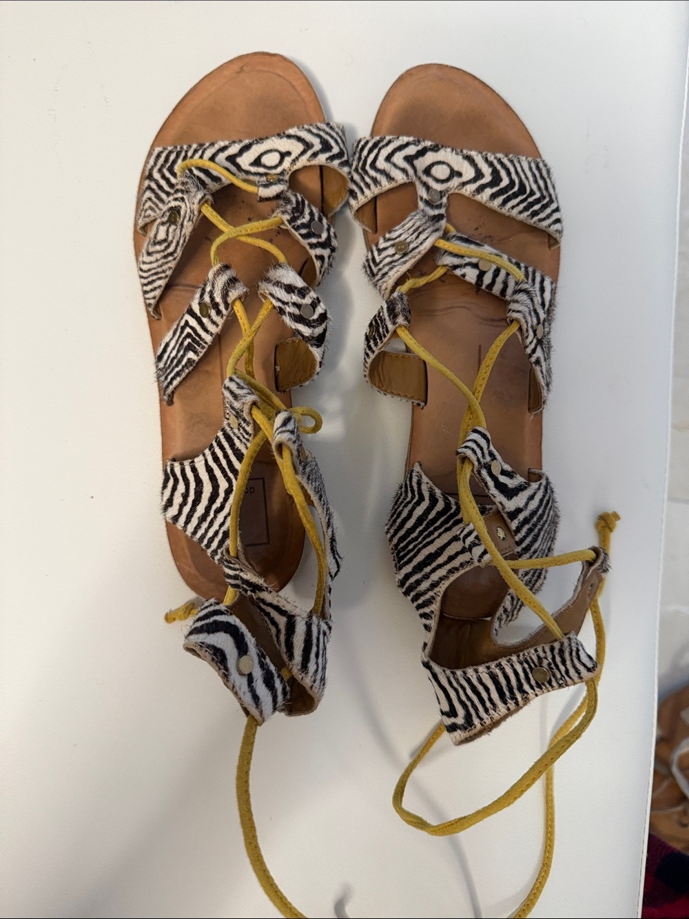 Dolce VitaWomen’s Zebra Print Lace-Up Sandals in Black & White with Yellow Laces